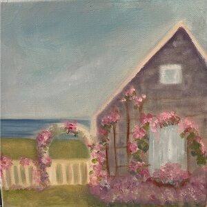 Charming Cottage Landscape Painting - Pink and Blue hand painted on canvas